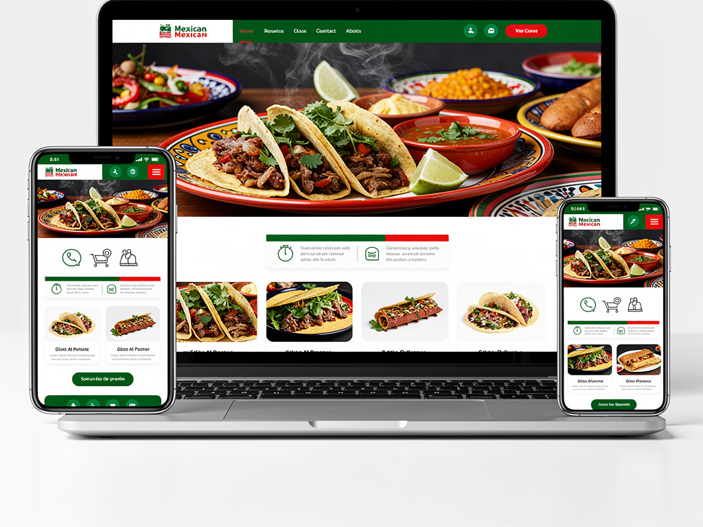 Diseño web responsive para restaurante mexicano con tacos, menú online y vista en laptop y móviles