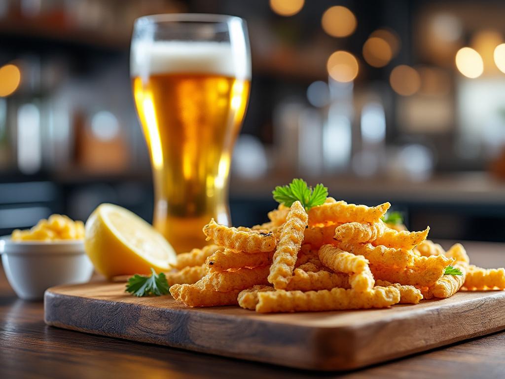 Papas fritas crujientes en tabla de madera con rodaja de limón y vaso de cerveza borroso de fondo.