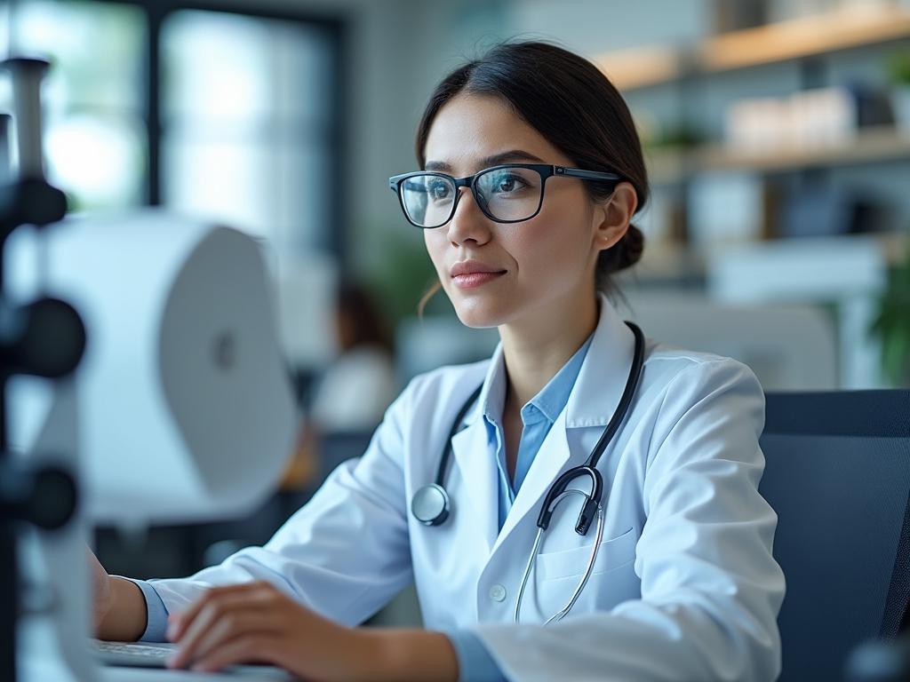 Doctora con bata blanca y estetoscopio trabajando en oficina médica, mirando concentrada una pantalla de computadora.