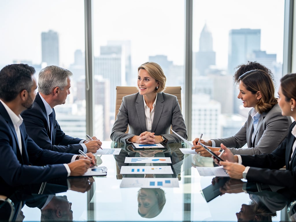 Business executives in a corporate meeting around a glass conference table with city skyline view