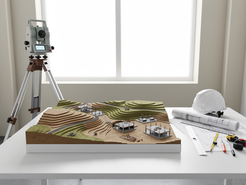 Maqueta topográfica de proyecto de construcción con estación total, planos arquitectónicos y casco de seguridad en mesa de trabajo