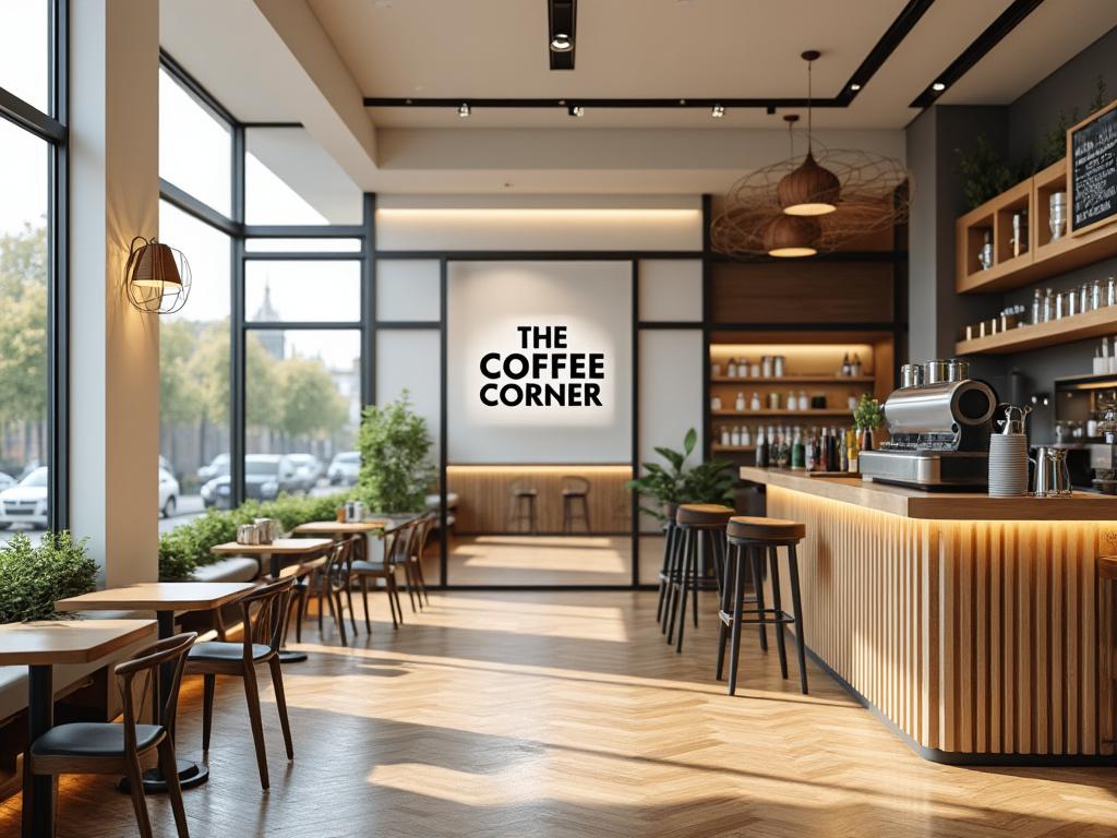 Interior moderno de una cafetería llamada 'The Coffee Corner' con mesas de madera, sillas negras, una barra iluminada y plantas decorativas.