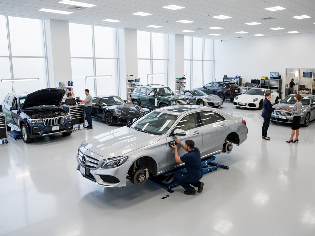 Modern luxury car service center with mechanics repairing Mercedes and BMW vehicles in a bright showroom workshop