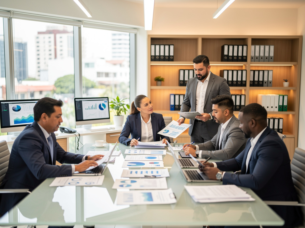 Business team meeting in modern office reviewing financial charts and analytics reports