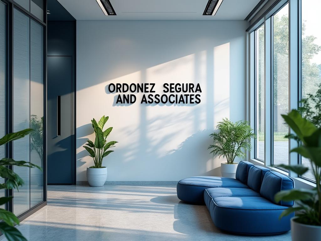 Sala de espera moderna con sofá azul, plantas en maceteros blancos y nombre de empresa en la pared, 'Ordonez Segura And Associates'.