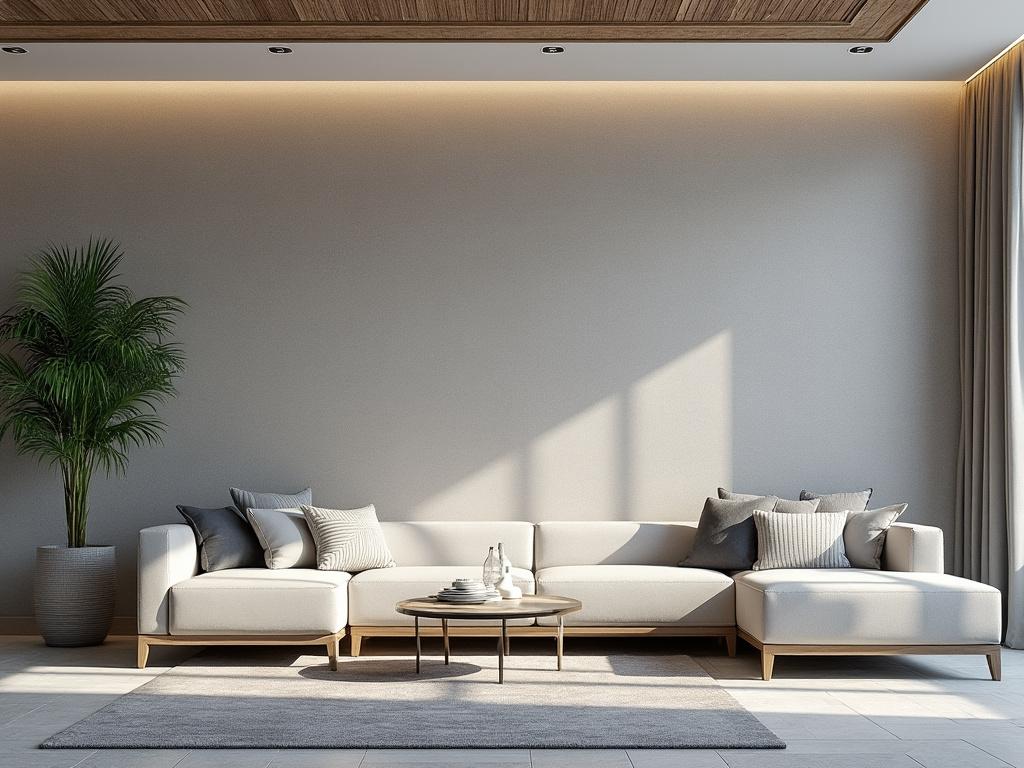 Modern living room with a white sectional sofa, decorative pillows, potted plant, and a coffee table on a grey rug, illuminated by natural light.