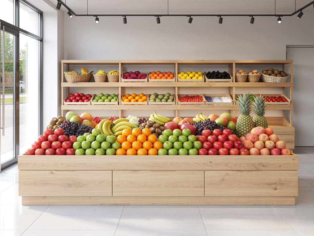 Exhibición de frutas frescas en una tienda, con manzanas, naranjas, plátanos, uvas y piñas en estantes de madera