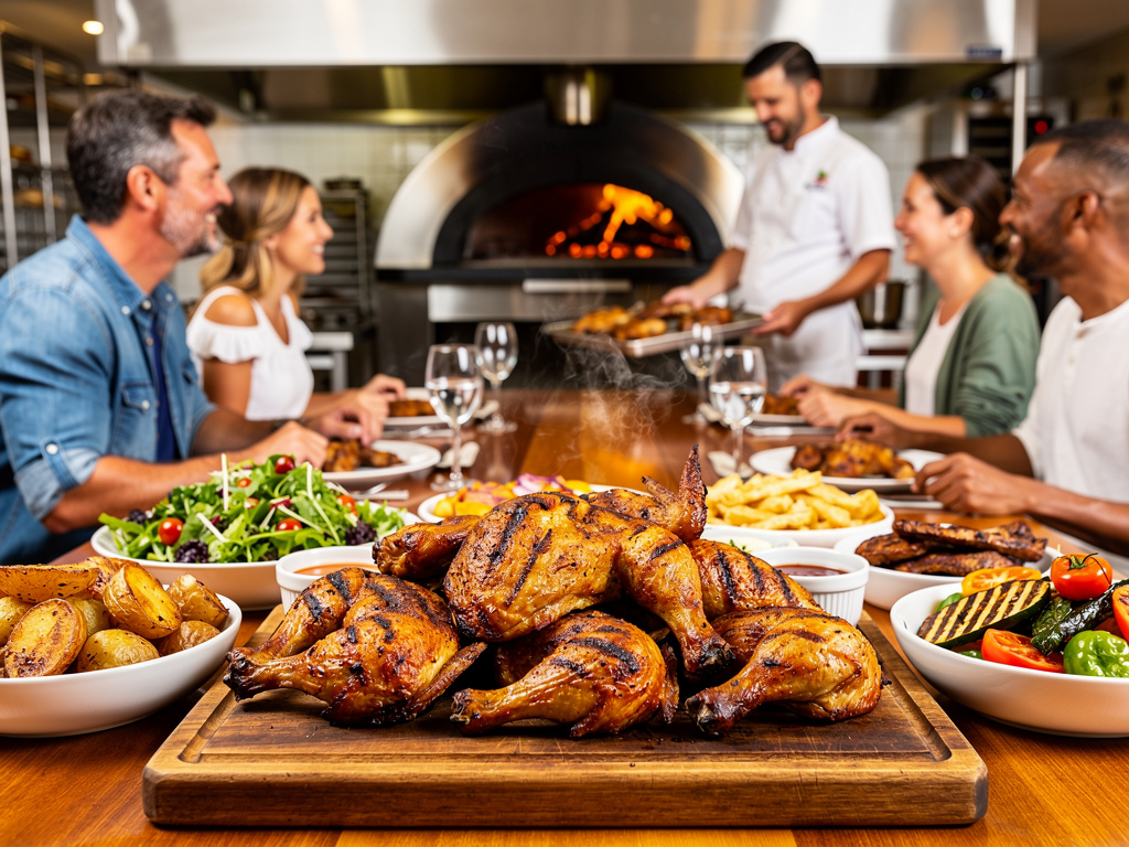 Pollo a la parrilla con verduras, papas y ensalada servido en restaurante con chef y comensales