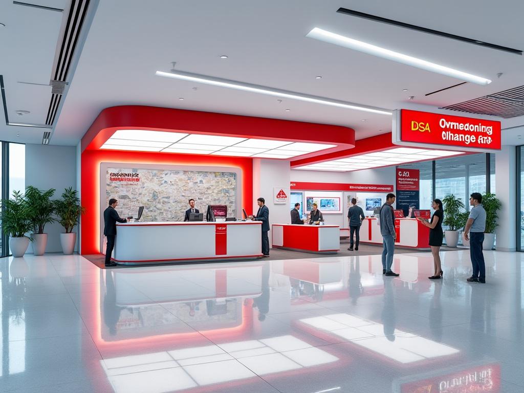 Recepción moderna en una oficina con personas interactuando, decoración en rojo y blanco, y plantas decorativas.