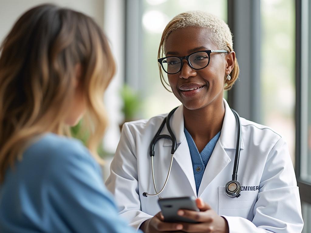 Female doctor with stethoscope consulting patient, holding smartphone in office.