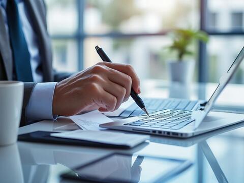 Hombre de negocios escribiendo en un portátil en una oficina luminosa, con una taza de café y documentos sobre la mesa. Hombre de negocios escribiendo en un portátil en una oficina luminosa, con una taza de café y documentos sobre la mesa.