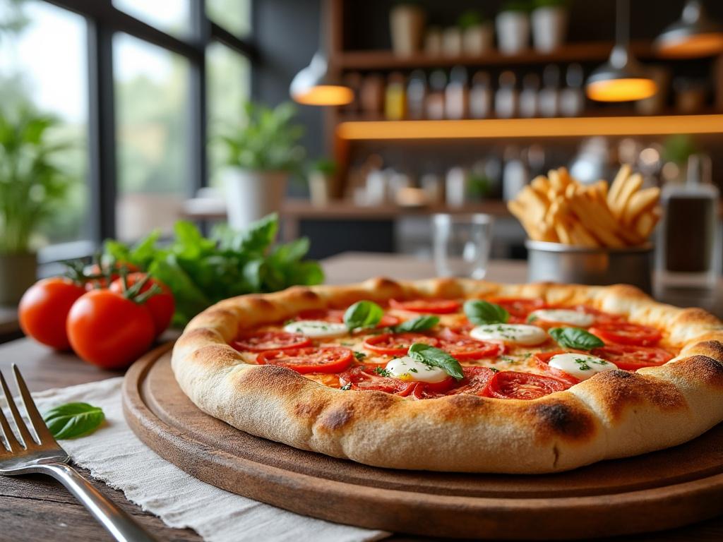 Pizza margarita con tomate y albahaca fresca en un plato de madera, fondo borroso de restaurante con luces cálidas. Pizza margarita con tomate y albahaca fresca en un plato de madera, fondo borroso de restaurante con luces cálidas.