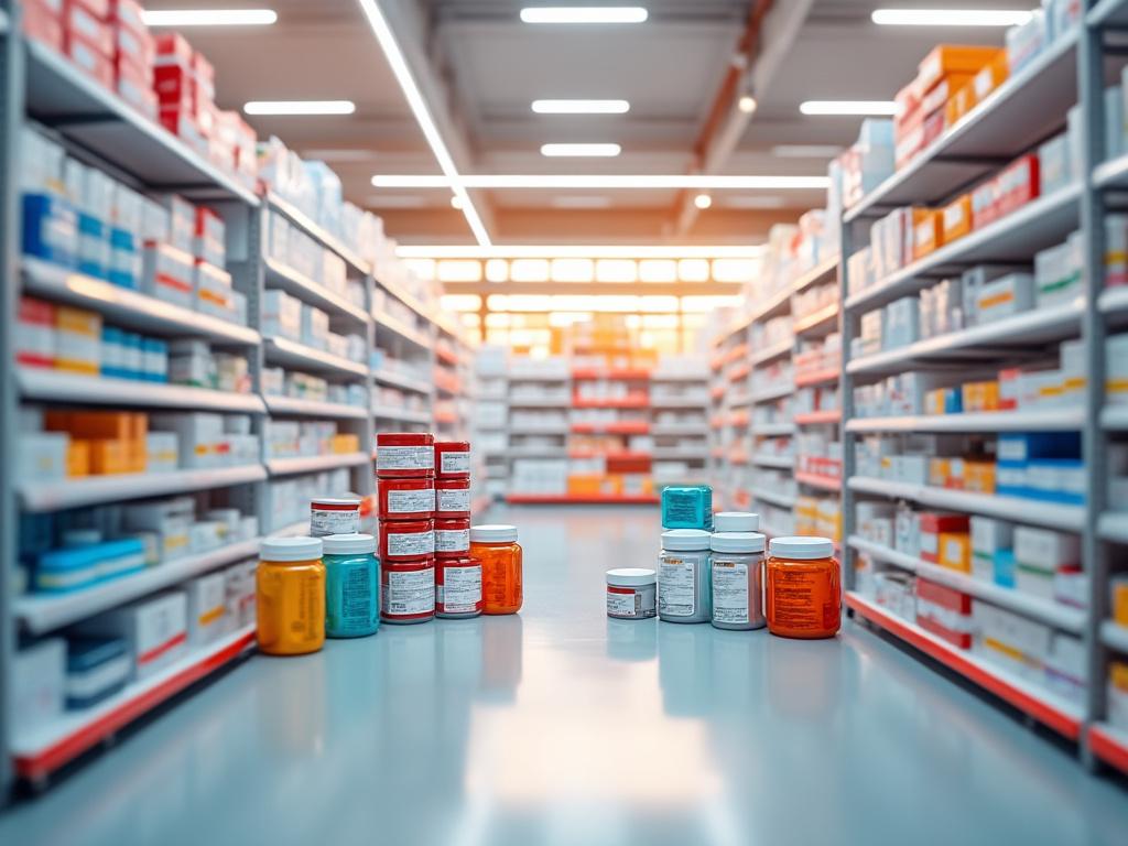 Interior de farmacia con estantes llenos de cajas y frascos de medicamentos.