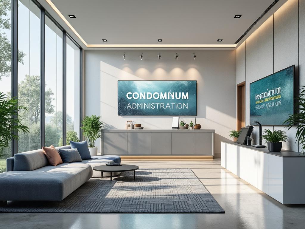 Vestíbulo moderno de oficina con sofá gris, mesa de centro, plantas y gran ventana panorámica, mostrando un cartel que dice 'Condominum Administration'.