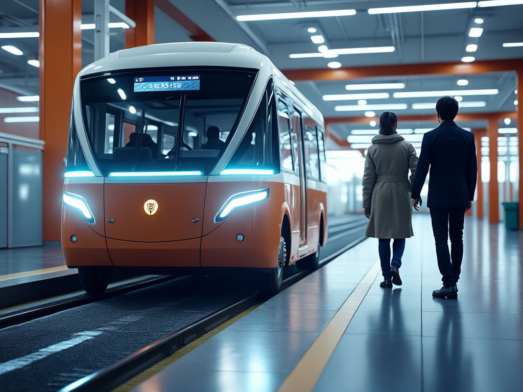 Tranvía moderno naranja en estación futurista con luces LED y pasajeros caminando en el andén