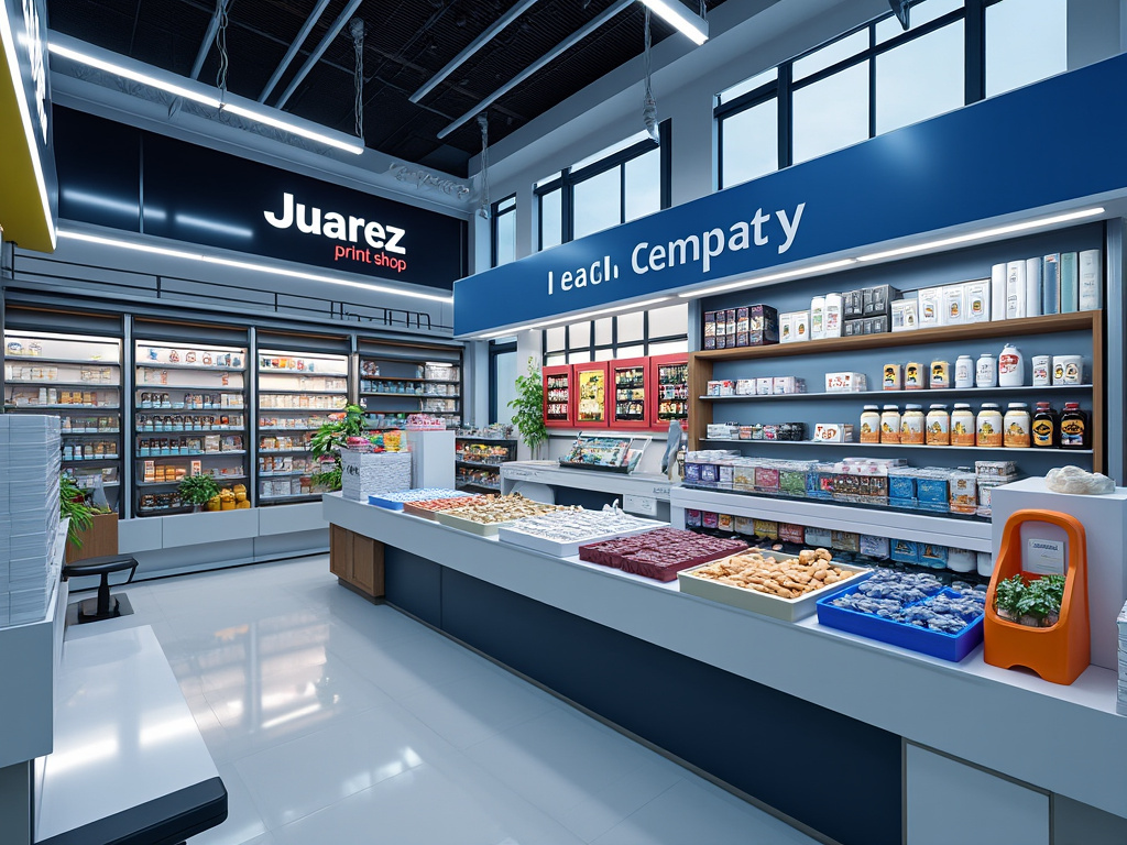 Interior de tienda moderna Juarez con estanterías de productos, vitrinas refrigeradas y mostrador de alimentos frescos