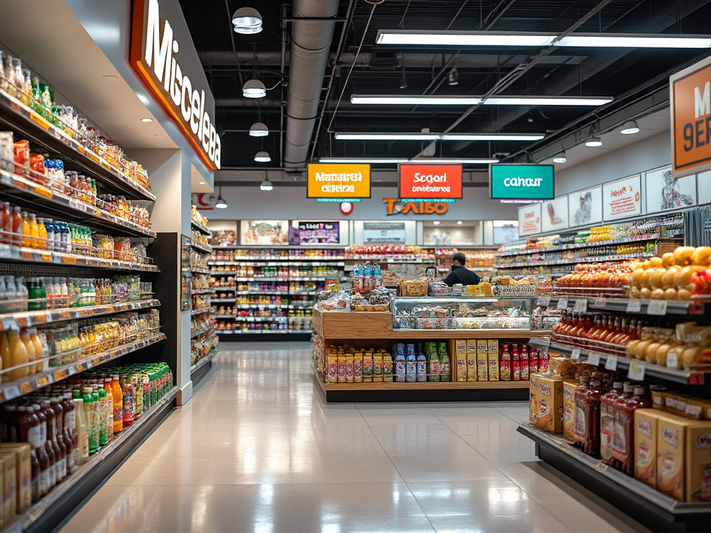 Pasillo de supermercado bien iluminado con estantes llenos de productos, incluyendo bebidas, alimentos enlatados y frutas.