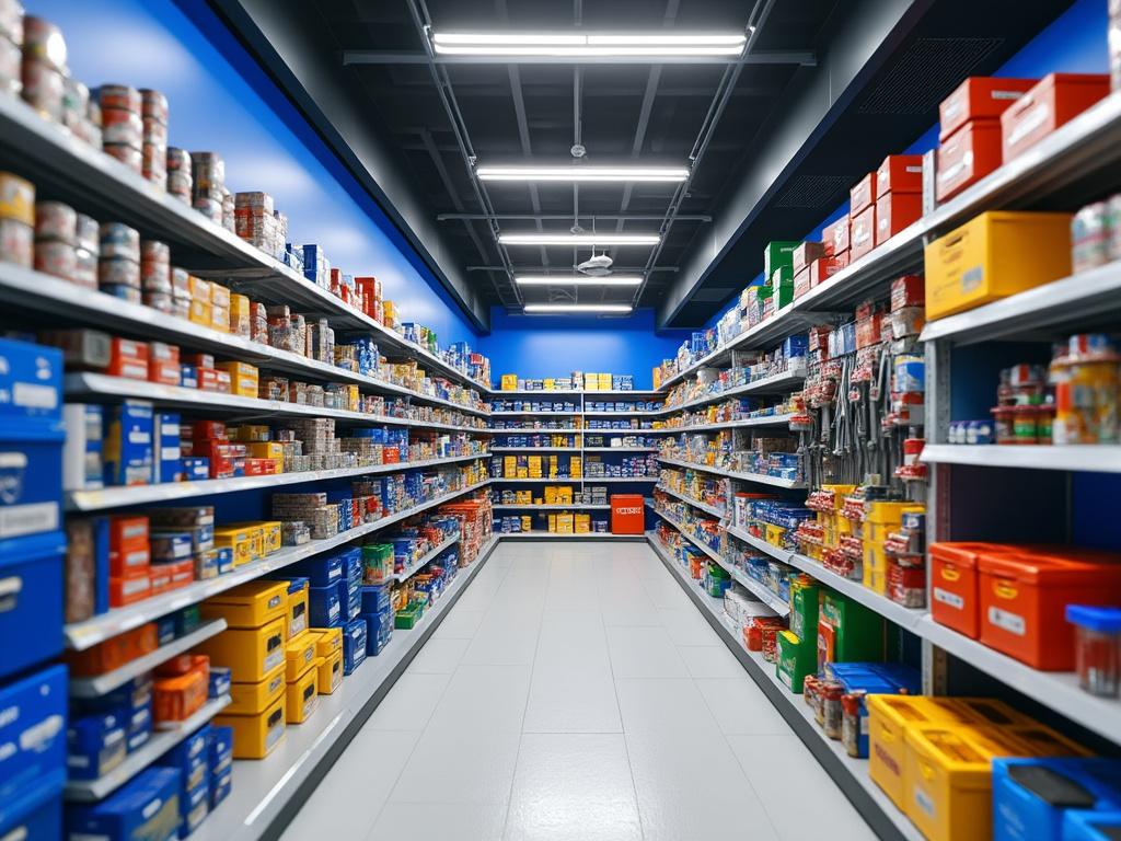 Pasillo de supermercado con estantes llenos de cajas y latas organizadas, iluminación moderna y paredes azules.