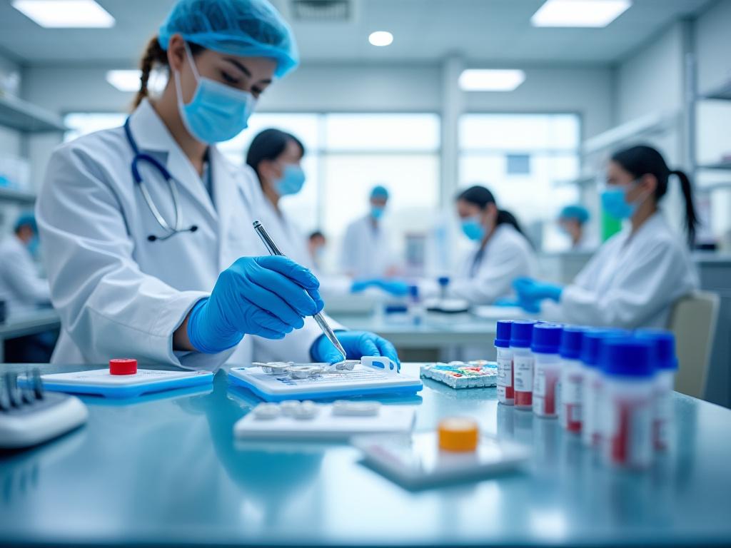 Científicos en laboratorio realizan experimentos con equipo de protección personal, probetas y placas de Petri.