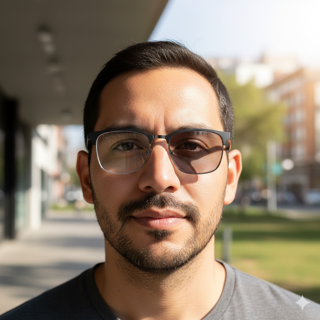 Gafas de estilo moderno sobre un mostrador de madera en una óptica elegante con iluminación suave y estanterías al fondo.