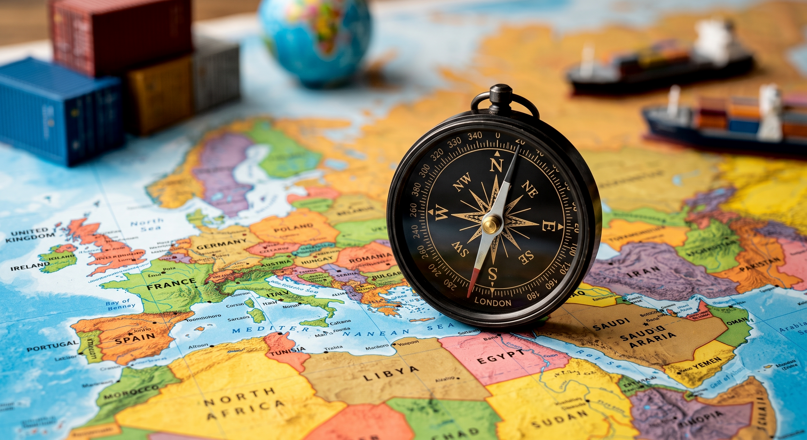 Brújula sobre mapa de Europa y norte de África, concepto de viaje y navegación