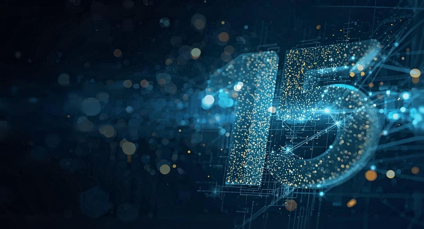 Abstract digital art with number 15 in shimmering particles on a dark background