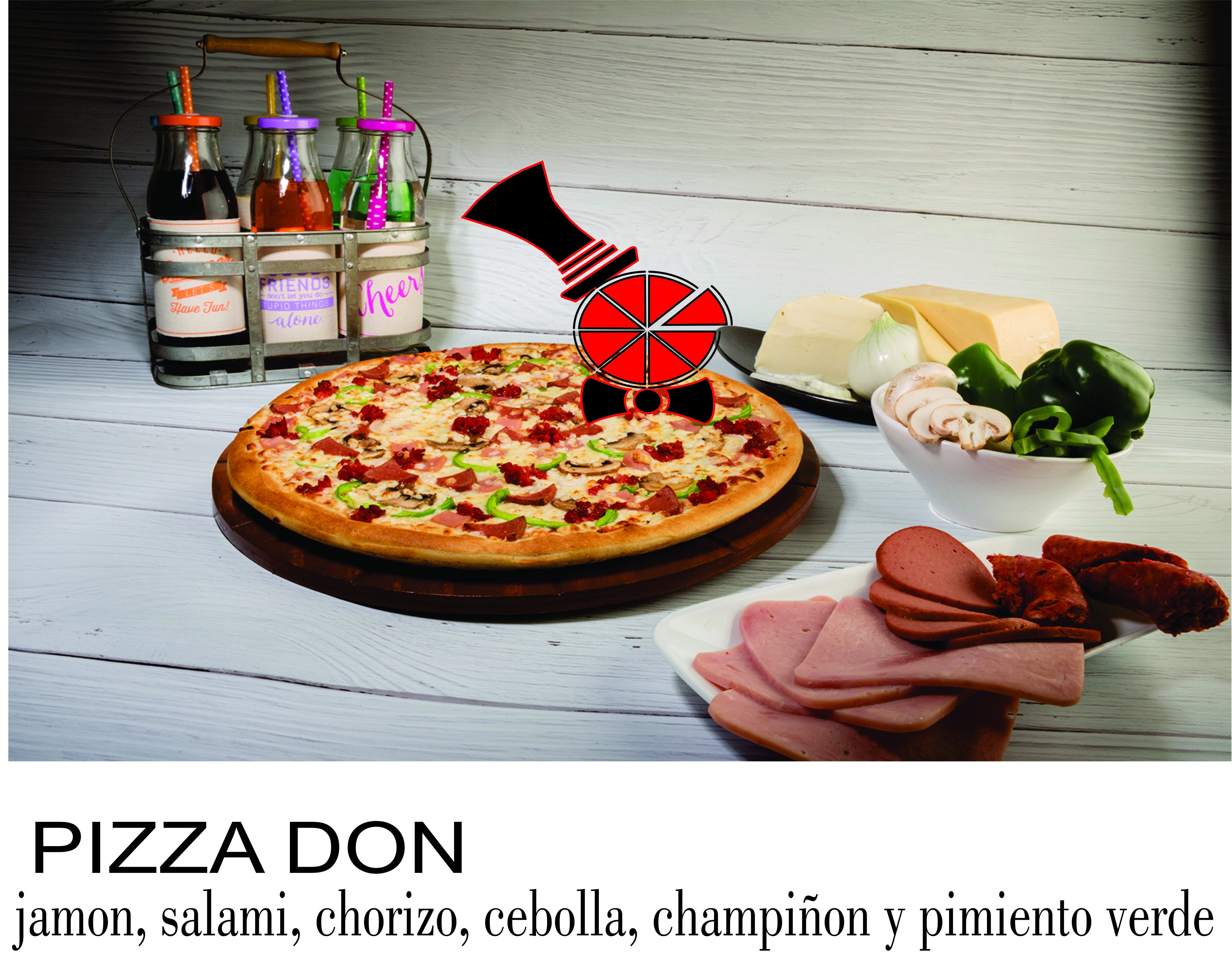 PIZZA DON
jamon, salami, chorizo, cebolla, champiñon y pimiento verde