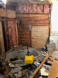 Gut entire bath of electrical, plumbing, framing, and existing insulation.