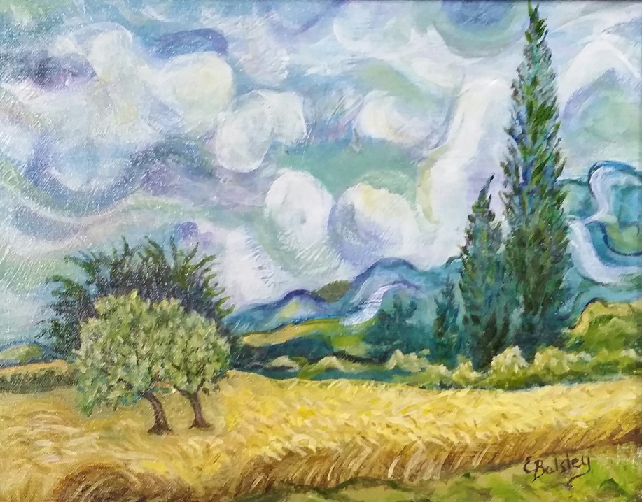 'Van Gogh Wheatfield & Cypress', Acrylic on Canvas Board 11"x14" 