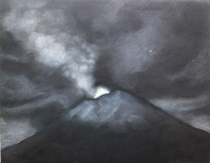 Volcanes Popocatépetl (Night) smoke 3
Gouache y lápiz de color sobre panel
9 x 12 pulgadas