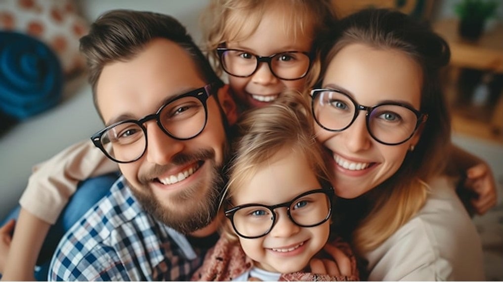 Familia sonriente con gafas compartiendo un momento alegre juntos.