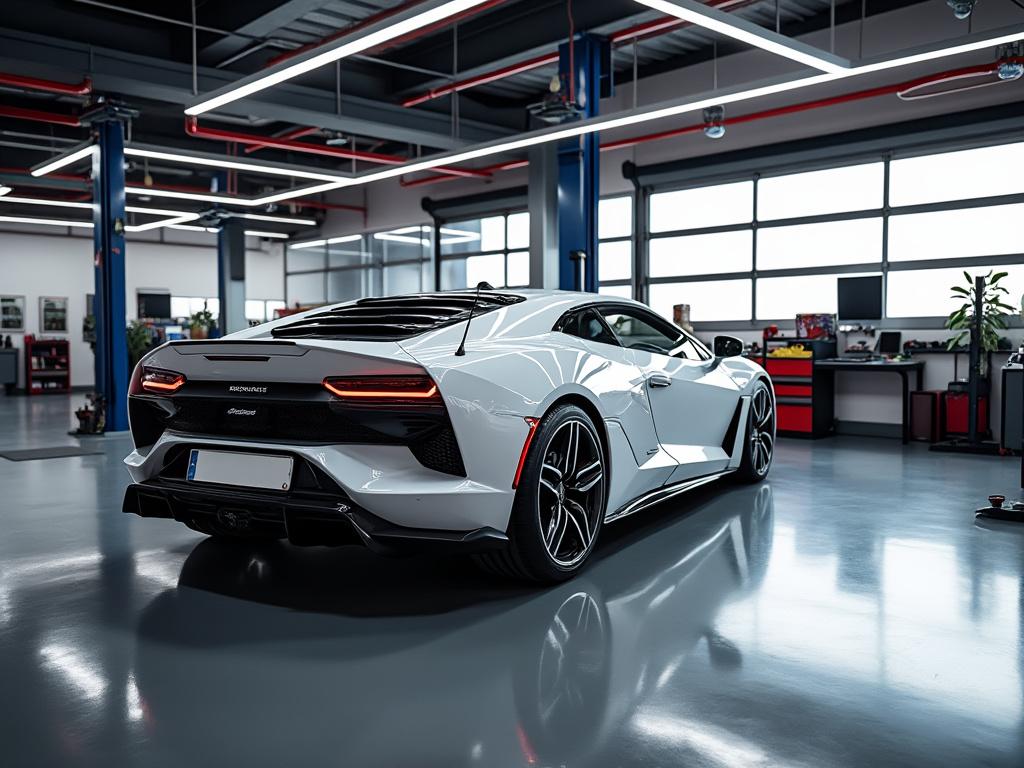 Deportivo blanco en un taller moderno con luces LED y equipos de mecánica.