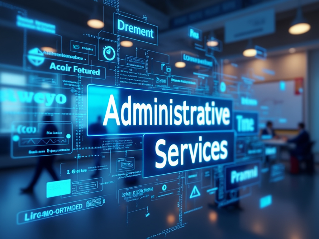 Pantalla digital mostrando 'Administrative Services' en un entorno de oficina moderna con gráficos azules.