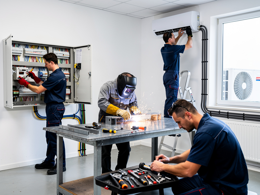 Técnicos instalando aire acondicionado, reparando cuadro eléctrico y soldando metal en taller de mantenimiento industrial