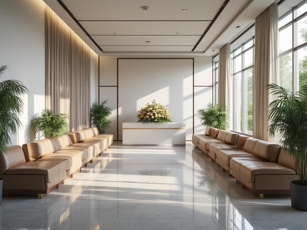 Sala de estar moderna con sofás de cuero marrón, plantas en macetas y flores en una mesa central, iluminada por grandes ventanales.