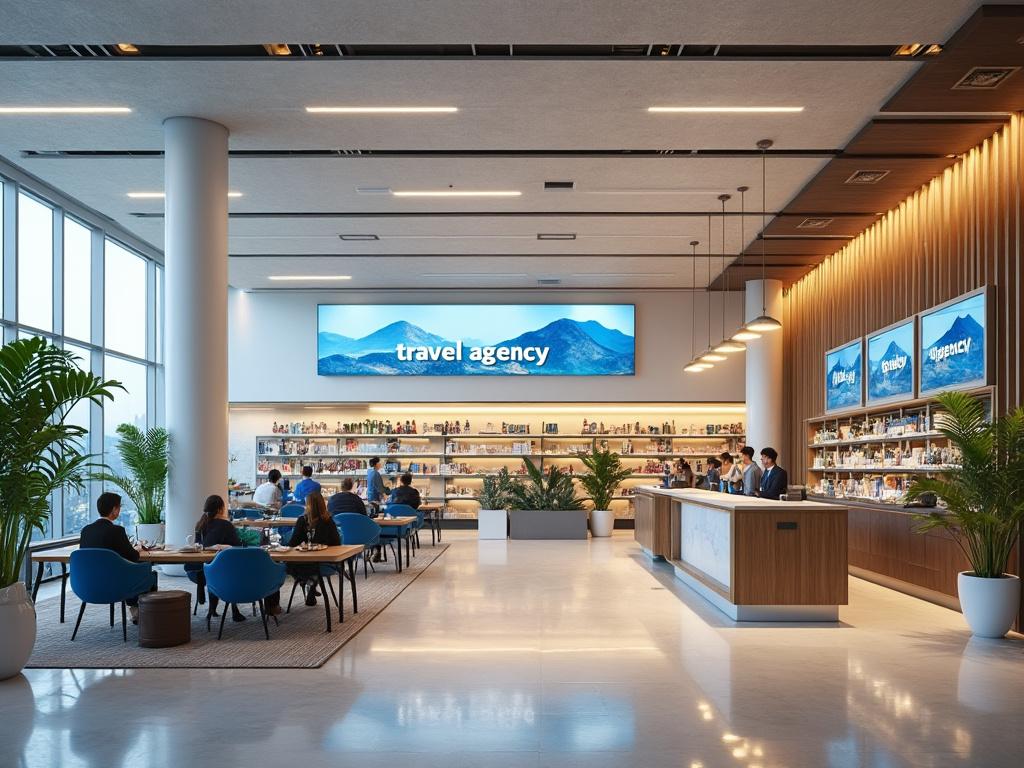 Interior moderno de una agencia de viajes con personas sentadas en sillas azules, mostrador de recepción y pantallas con montañas.