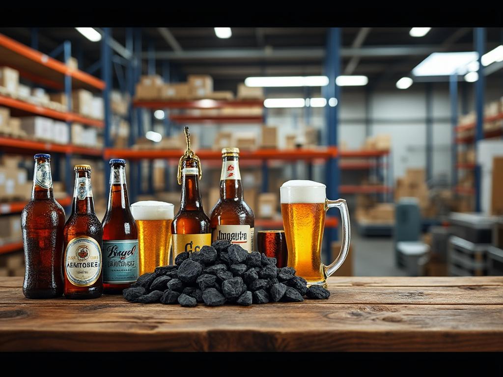 Varios tipos de botellas de cerveza y copas con espuma sobre una mesa de madera en un almacén.