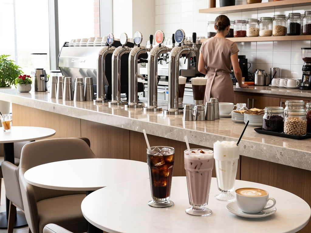 Cafetería moderna con barra, grifos de café, barista y bebidas frías junto a cappuccino sobre mesa