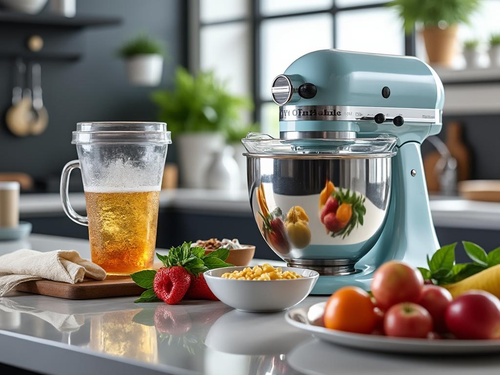 Batidora azul en cocina moderna con frutas y vaso de bebida espumosa sobre la encimera.