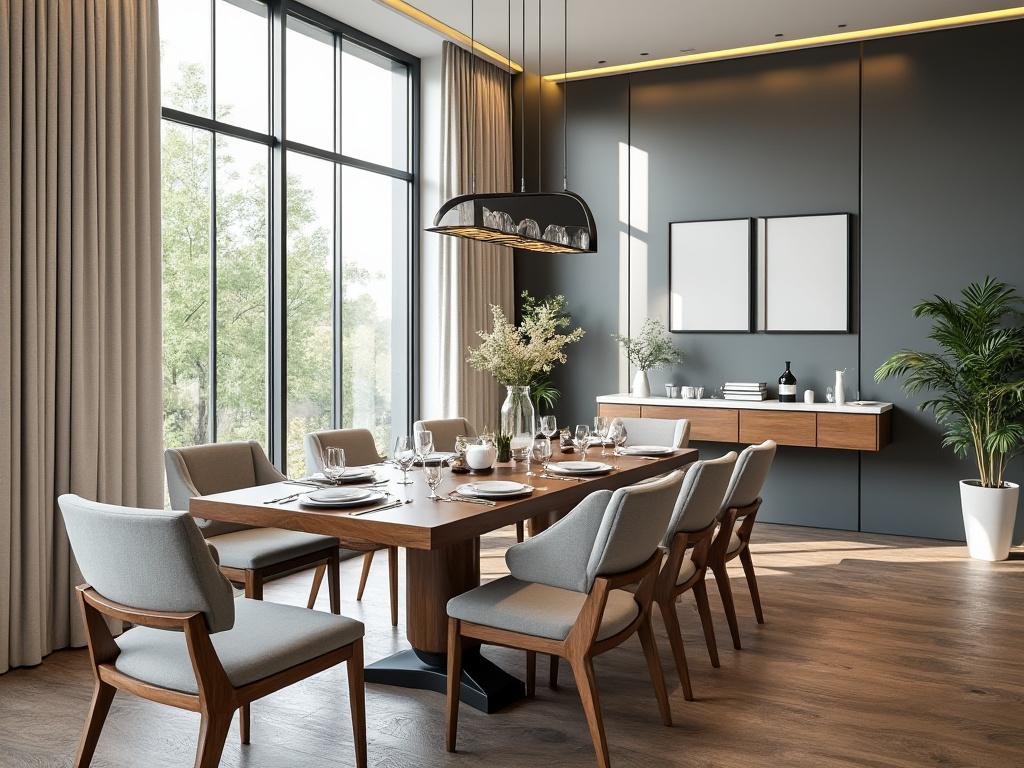 Comedor moderno y elegante con mesa de madera, sillas grises, grandes ventanas y decoración minimalista.