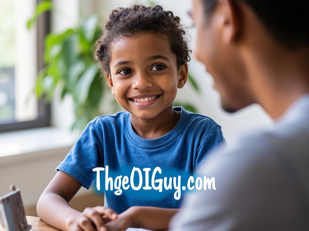 Smiling child in blue shirt sitting indoors with an adult, green plant in background.