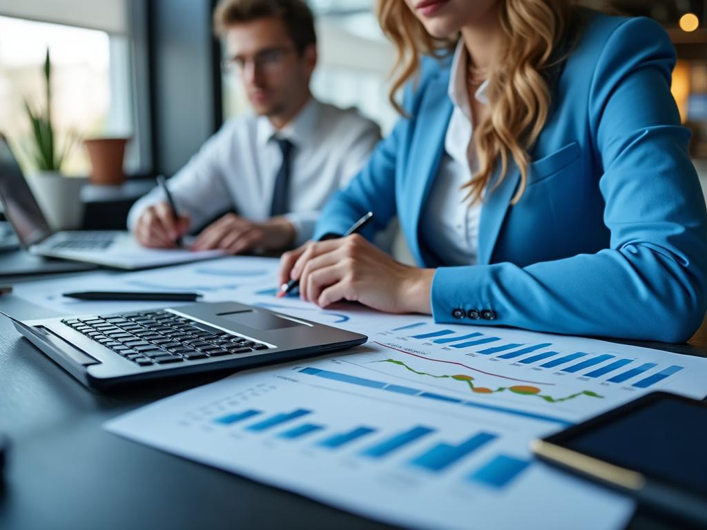 Business professionals reviewing financial charts and graphs at a desk.