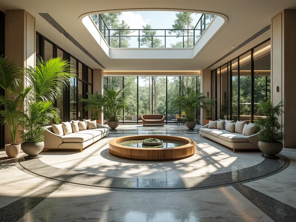 Sala de estar moderna con sofás blancos, plantas decorativas y gran ventana panorámica que muestra un paisaje verde.