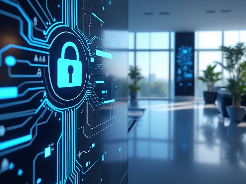 Imagen de oficina moderna con pantalla digital mostrando un ícono de candado azul, simbolizando la ciberseguridad, plantas decorativas y grandes ventanas al fondo.
