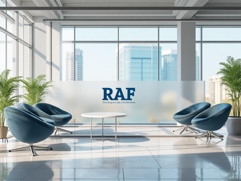 Modern office lounge with blue armchairs, round table, and potted plants, city skyline visible through large windows.