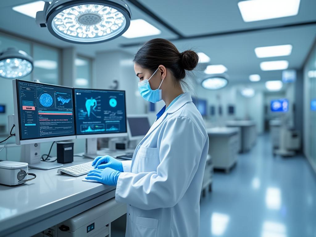 Científica con mascarilla trabaja en un laboratorio moderno, analizando datos en monitores de computadora.