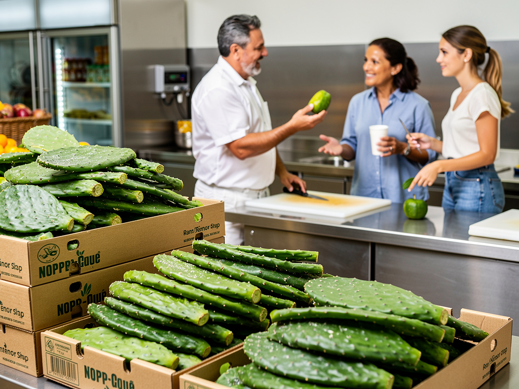 Cajas de nopal fresco en cocina industrial con personas preparando verduras saludables