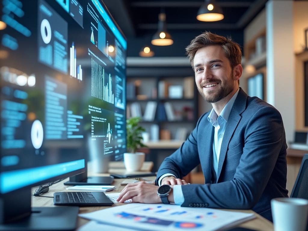 Smiling man in a suit working on a laptop in a modern office with data analytics displayed on large screens.