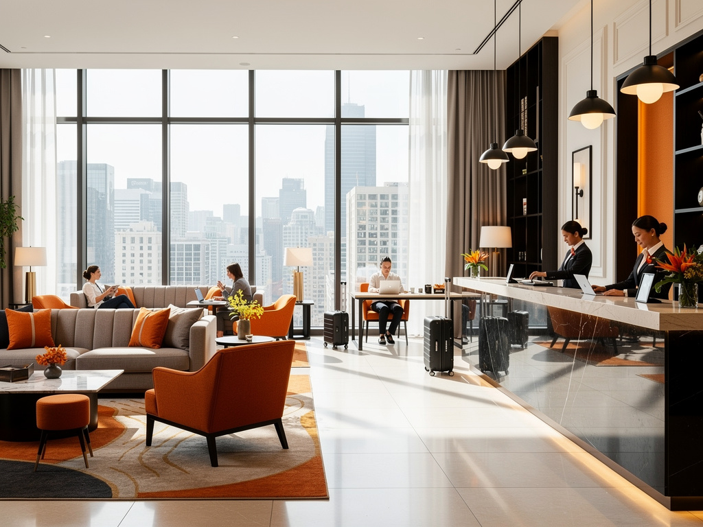 Lobby de hotel moderno con recepción, sala de espera elegante, grandes ventanales y vista urbana Lobby de hotel moderno con recepción, sala de espera elegante, grandes ventanales y vista urbana