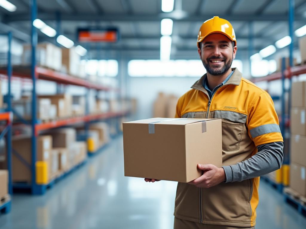 Hombre sonriente con casco amarillo sosteniendo caja en almacén moderno con estanterías.